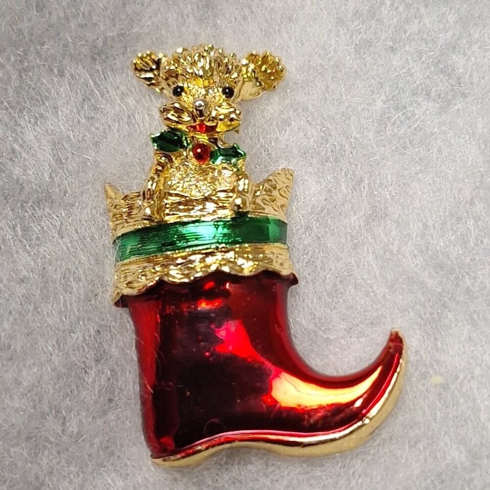 Vintage Gerry's Gold Tone Red Enamel Poodle Dog Christmas Stocking Brooch Pin